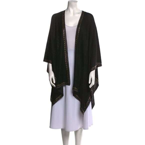 St. John Black Gold Metallic Knit Open Front Sweater Poncho Size: One Size #9458 - Picture 2 of 6